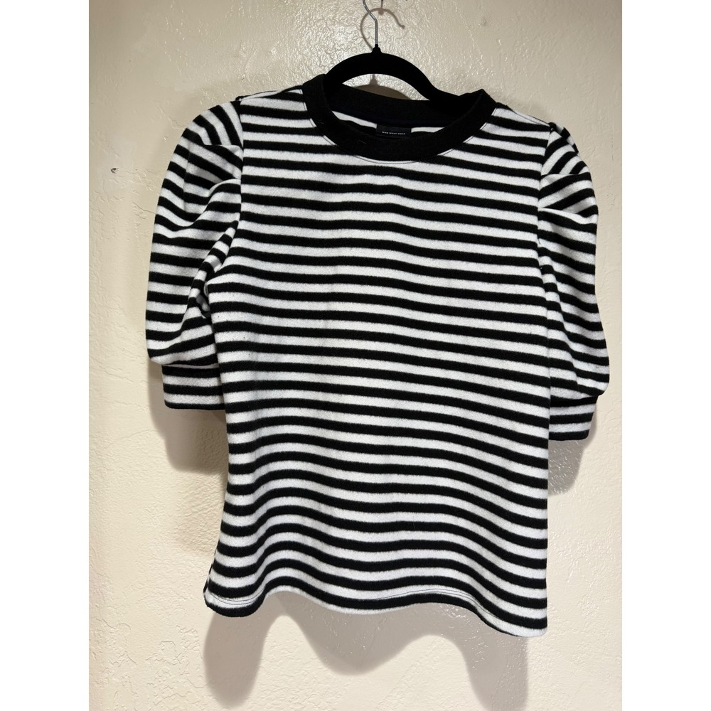 Who What Wear Womens Medium Black White Striped Puff Sleeve Knit‎ Top Crew Neck